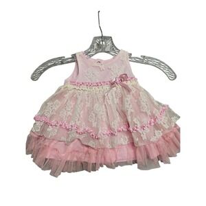 Nannette Baby Girls Pink Lace Tiered Ruffle Dress 3-6 Months Sleeveless Rosette